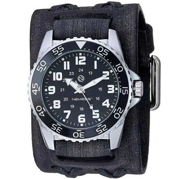 Hybrid Diver Watch In Black And White With Double-X Distressed Dark Brown Wide Leather Cuff 1