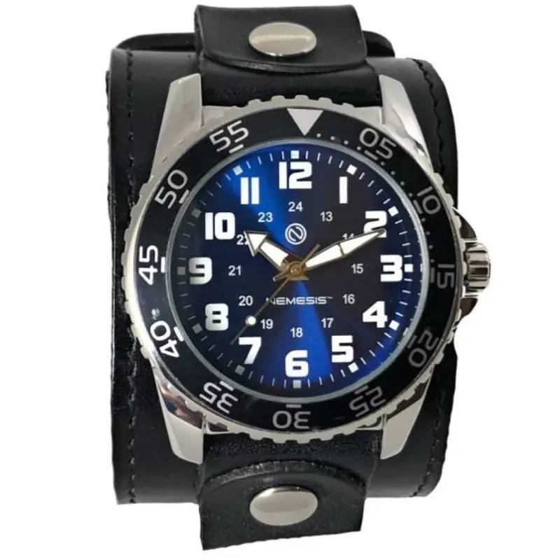 Hybrid Diver Watch In Blue And White With Stitched Black Wide Leather Cuff 1