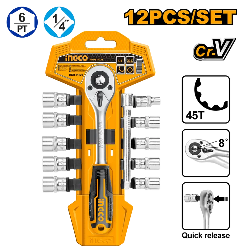 Ingco 1/4″ Socket Set – 12-Piece Metric (5–14 Mm) With Hanging Organizer 1