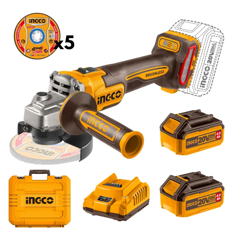 Ingco 115Mm Brushless Cordless Angle Grinder – 900W 20V Kit With Dual 4Ah Batteries 1