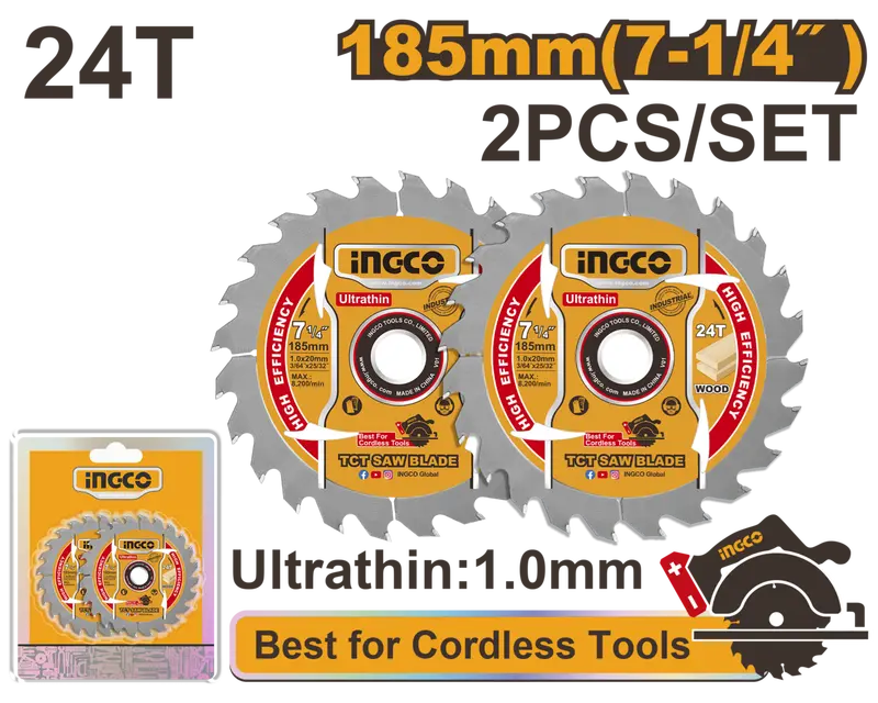 Ingco 185Mm Ultra-Thin Tct Saw Blade Set – 2-Piece For Fine-Finish Cutting 1