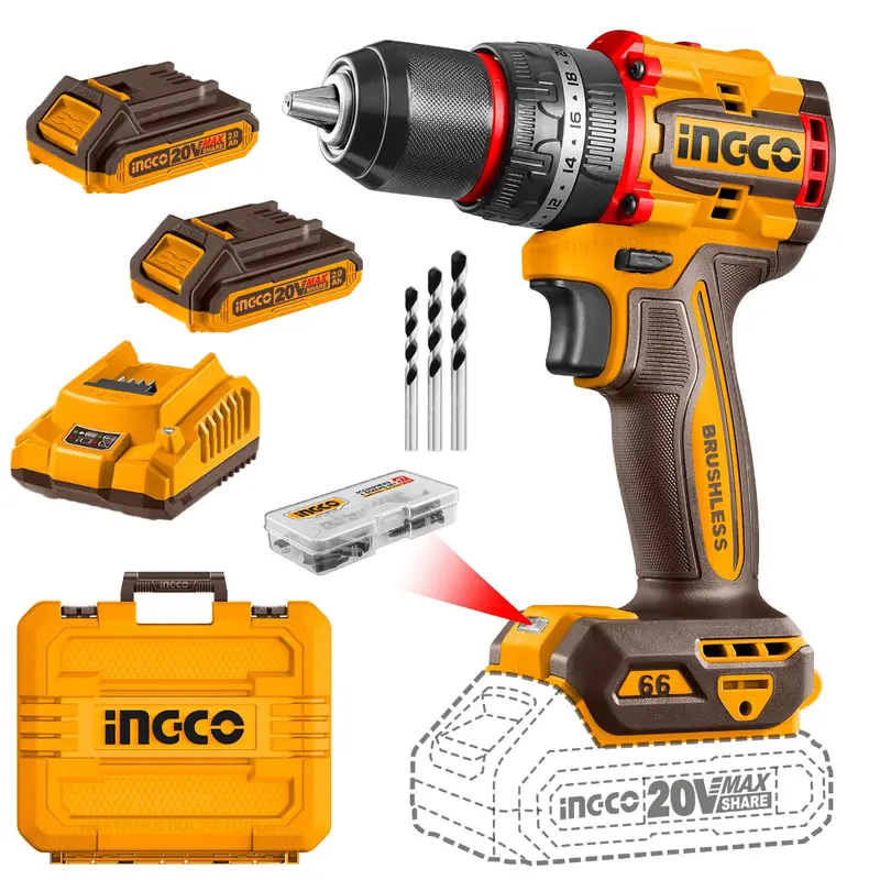 Ingco 20V Brushless Compact Impact Drill – 66Nm, Full Kit Included 1