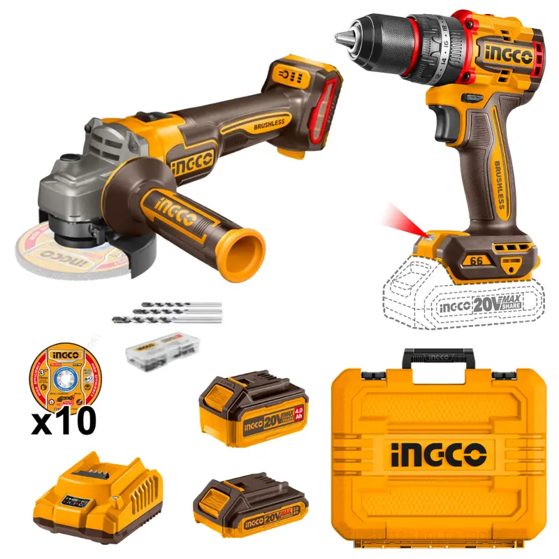 Ingco 20V Cordless Angle Grinder & Heavy-Duty Drill Combo Kit (66 Nm) 1