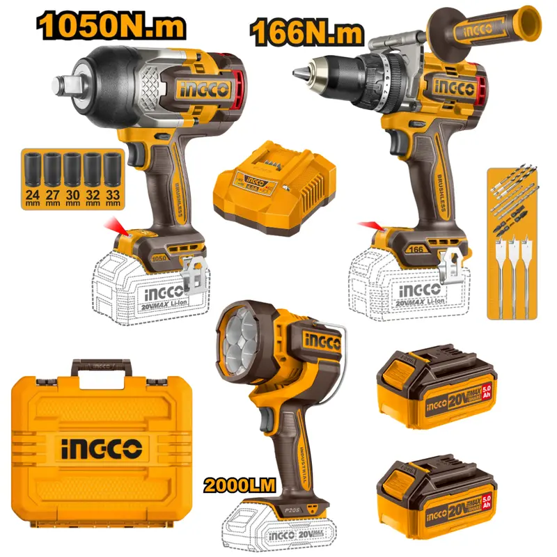 Ingco 3-Piece Cordless Combo Kit – Impact Drill, Wrench & Bright Led Work Light 1