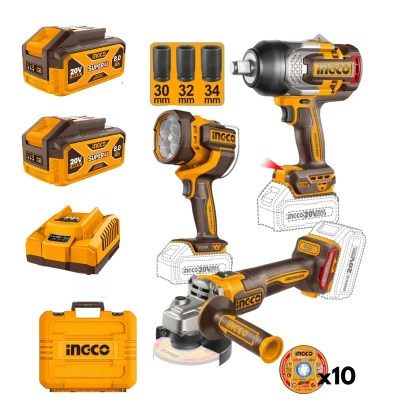 Ingco Cordless 3-Tool Combo Pack – Heavy-Duty Impact Wrench, Grinder & Led Work Lamp 1