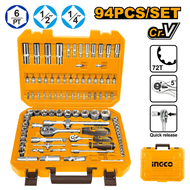 Ingco Dual-Drive Socket Set – 94-Piece (1/4″ + 1/2″), Bmc Finish 1