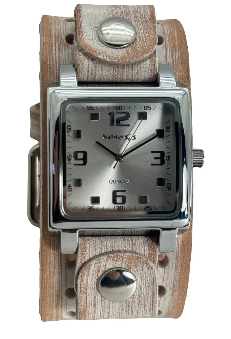 Lite Sq Silver Dial Watch With Vintage-Style White Leather Cuff 1