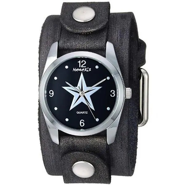Little Star Ladies’ Black And Silver Watch With Vintage-Style Black Leather Cuff – Fgb355K 1