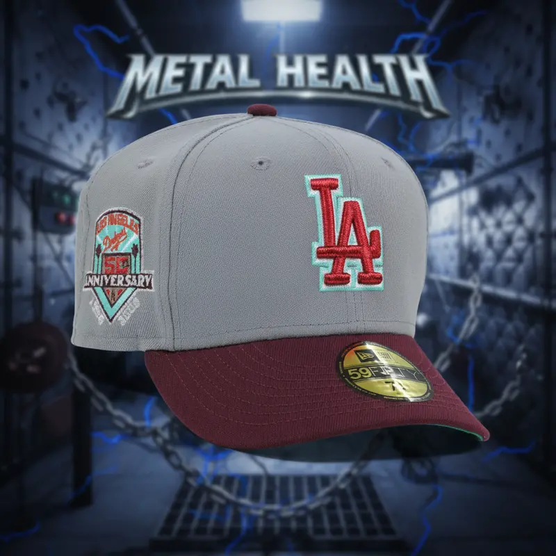 Los Angeles Dodgers 50Th Anniversary Quiet Riot Metal Health Fitted Cap 1