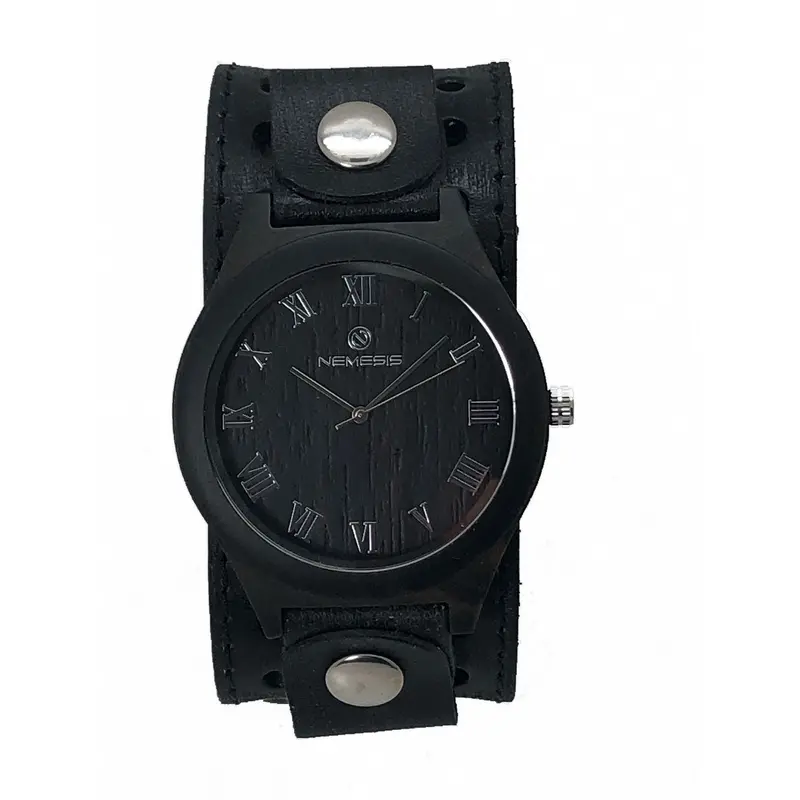 Matte Wood Black Watch With Distressed Brown Leather Cuff Vsth260K 1