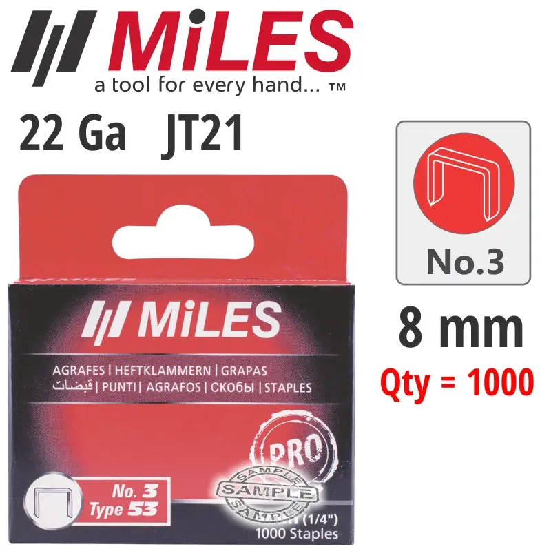 Miles Galvanized Jt21 Staples 22G, 8Mm Length, 1000-Pack (No. 3) 1