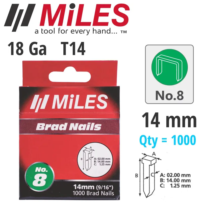 Miles Galvanized T14 Brad Nails 18G, 14Mm Length, 1000-Pack (No. 8) 1