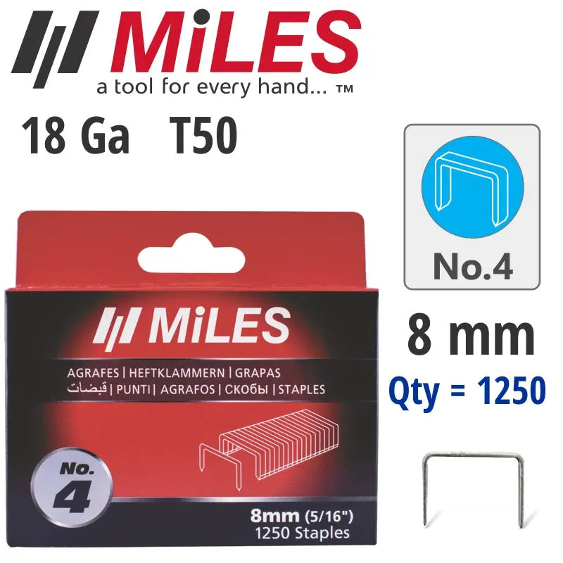 Miles Galvanized T50 Staples 18G, 8Mm Length, 1250-Pack (No. 4) 1