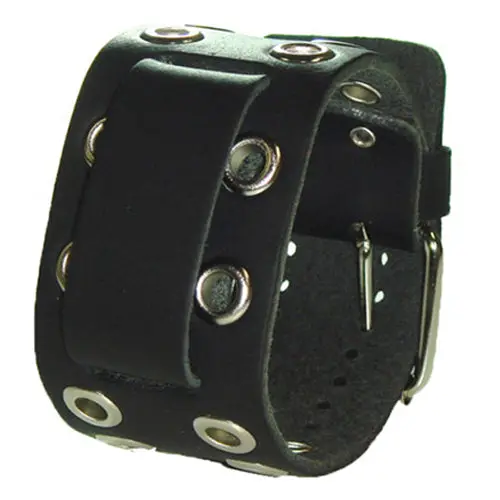 Minimalist Black Leather Cuff With Decorative Eyelets 1