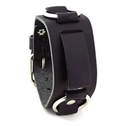 Minimalist Black Leather Cuff With Decorative Ring Accent 1