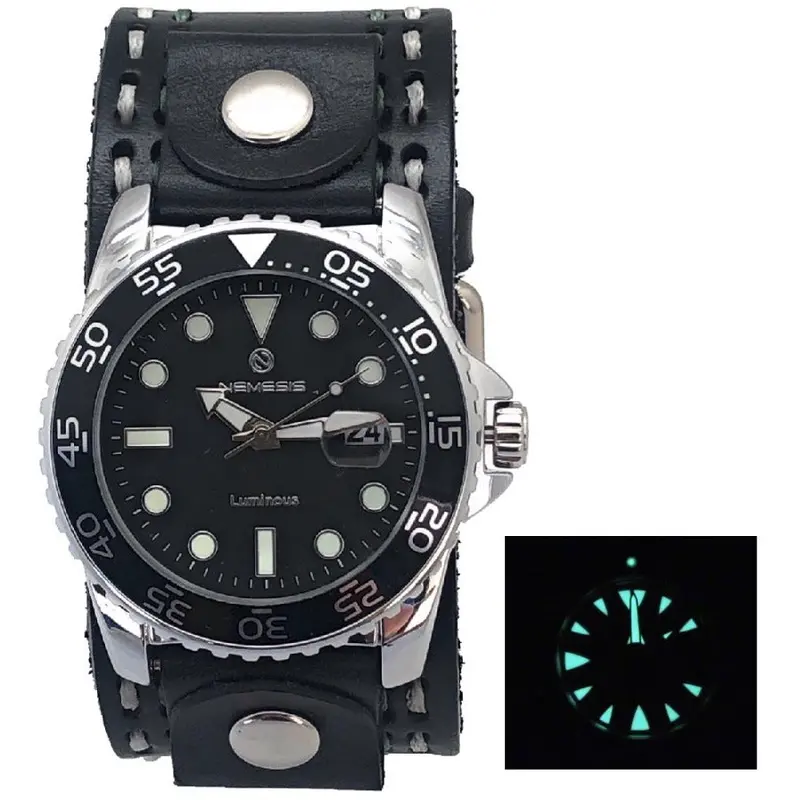 Moonwalker Black Diver Watch With Luminous Hands And White-Stitched Black Leather Cuff 1