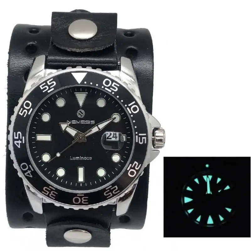 Moonwalker Black Diver Watch With Perforated Black Leather Cuff 1