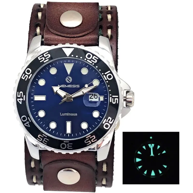 Moonwalker Blue Diver Watch With Luminous Markers And White-Stitched Brown Leather Cuff 1