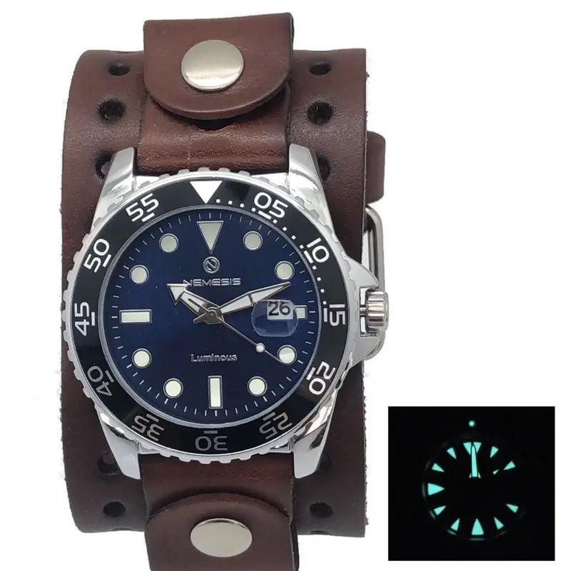 Moonwalker Blue Diver Watch With Perforated Brown Leather Cuff 1