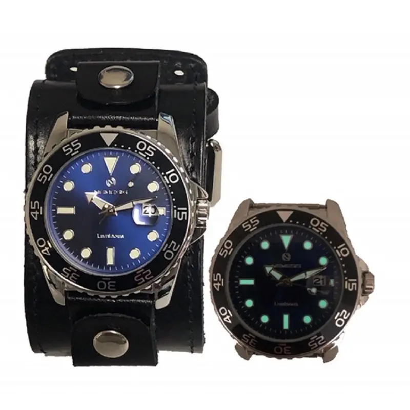 Moonwalker Luminous Blue Diver Watch With Stitched Black Leather Cuff 1
