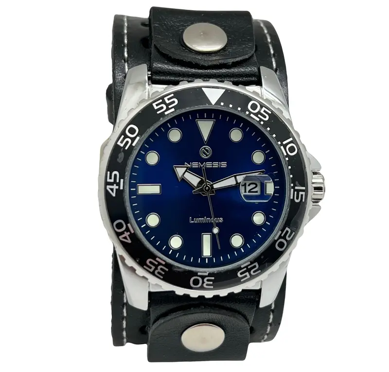 Moonwalker Luminous Diver Watch With Textured Black Leather Cuff 1