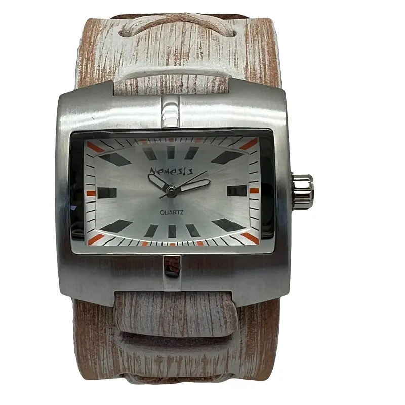 Nemesis Distressed White Leather Cuff Watch – Vintage-Inspired Timepiece 1