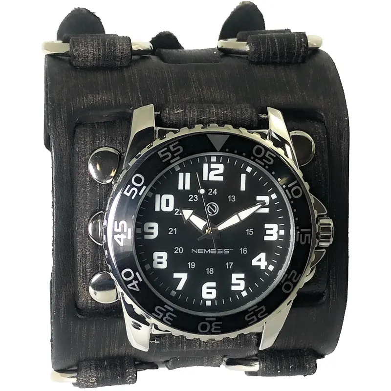 Nemesis Night Glow Watch With Vintage Leather Cuff And Triple Index Strips Fwb257K 1
