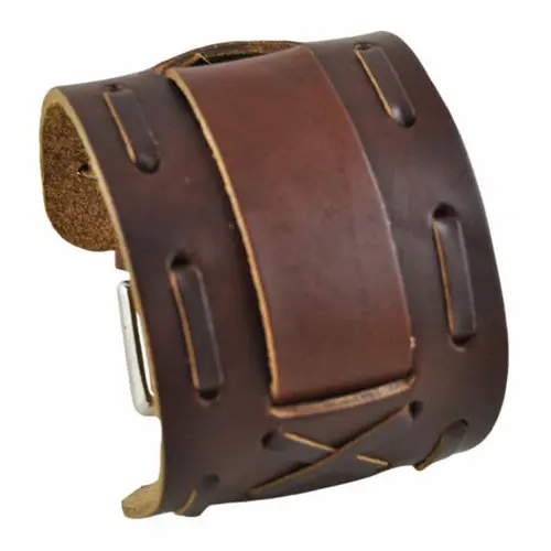 Perforated Dash-And-X Design Brown Leather Wide Cuff 1