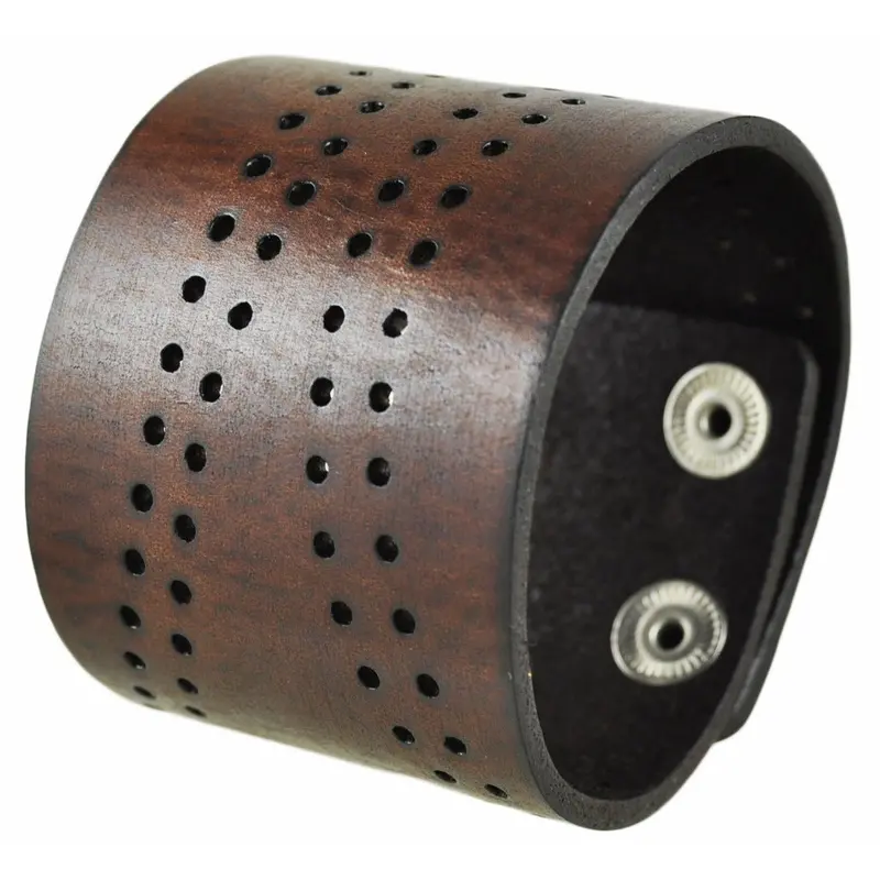 Perforated Dot Pattern Dark Brown Leather Wide Snap Cuff 1