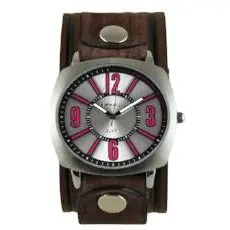 Pink-And-Silver Comely Watch With Embossed Brown Vintage Stripe Leather Cuff Bveb110P 1