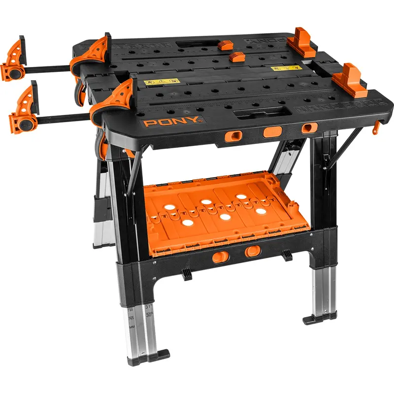 Pony Adjustable Work Table & Sawhorse With 4 Bench Dogs And 2 Integrated Clamps 1