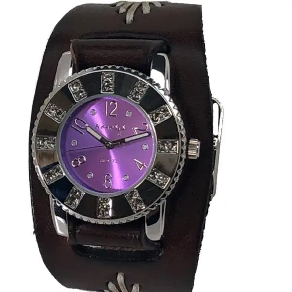 Purple Crystal Showgirls Ladies Watch With Diamond-Stitched Dark Brown Leather Cuff Bbf311P 1