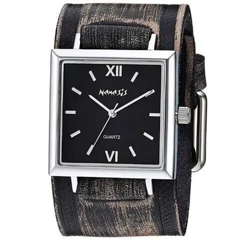 Raven Ladies’ Black Watch With Woven Distressed Dark Brown Leather Cuff 1