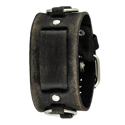 Ring-Adorned Distressed Black Leather Cuff Bracelet 1
