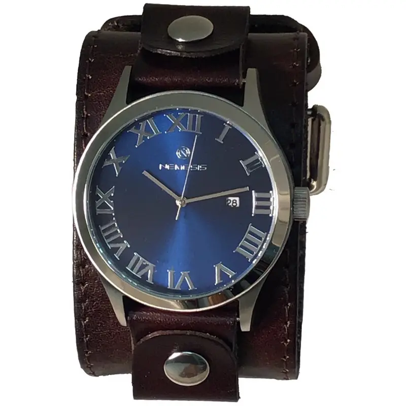 Roman Dx Blue Watch With Dark Leather Cuff And Contrast Stitching 1