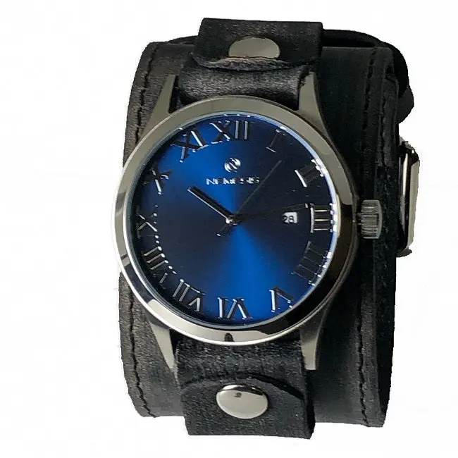 Roman Dx Blue Watch With Stitched Distressed Dark Brown Leather Wide Cuff 1