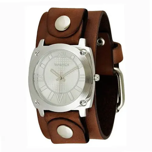 Roman Numeral Silver Watch Paired With Brown Leather Cuff Band 1