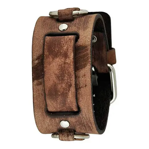 Rugged Distressed Brown Leather Cuff With Minimalist Ring Accent 1