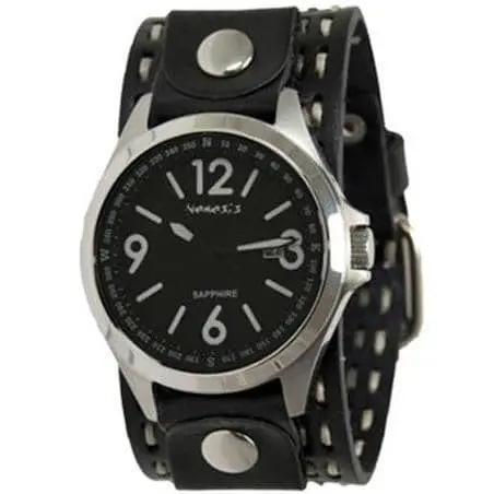 Sapphire Crystal Black Watch With Stitched Black Leather Cuff 1