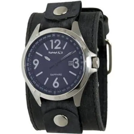 Sapphire Crystal Blue Watch With Stitched Distressed Black Leather Cuff 1