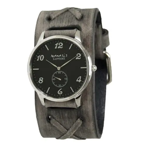 Sapphire Crystal Petite-Second Black Watch With Distressed Charcoal Leather Cuff 1
