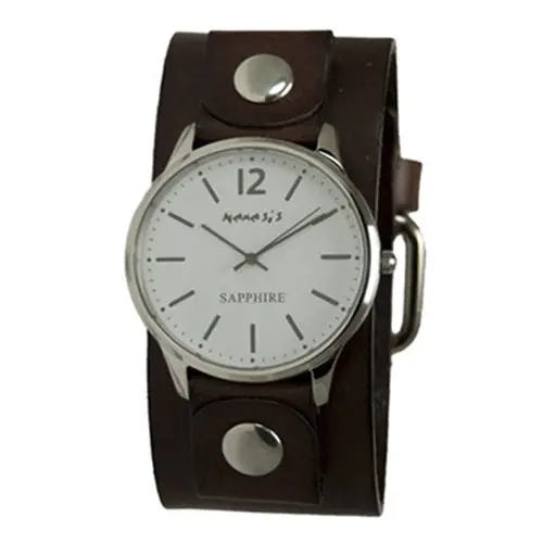 Sapphire Crystal Women’S White Watch With Stitched Dark Brown Leather Cuff 1