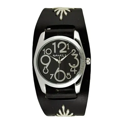 Showgirl Black Watch For Women – Diamond-Stitched Black Leather Cuff Band 1