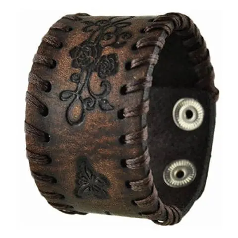Side-Weaved Flower-And-Rose Embossed Dark Brown Leather Cuff 517B 1
