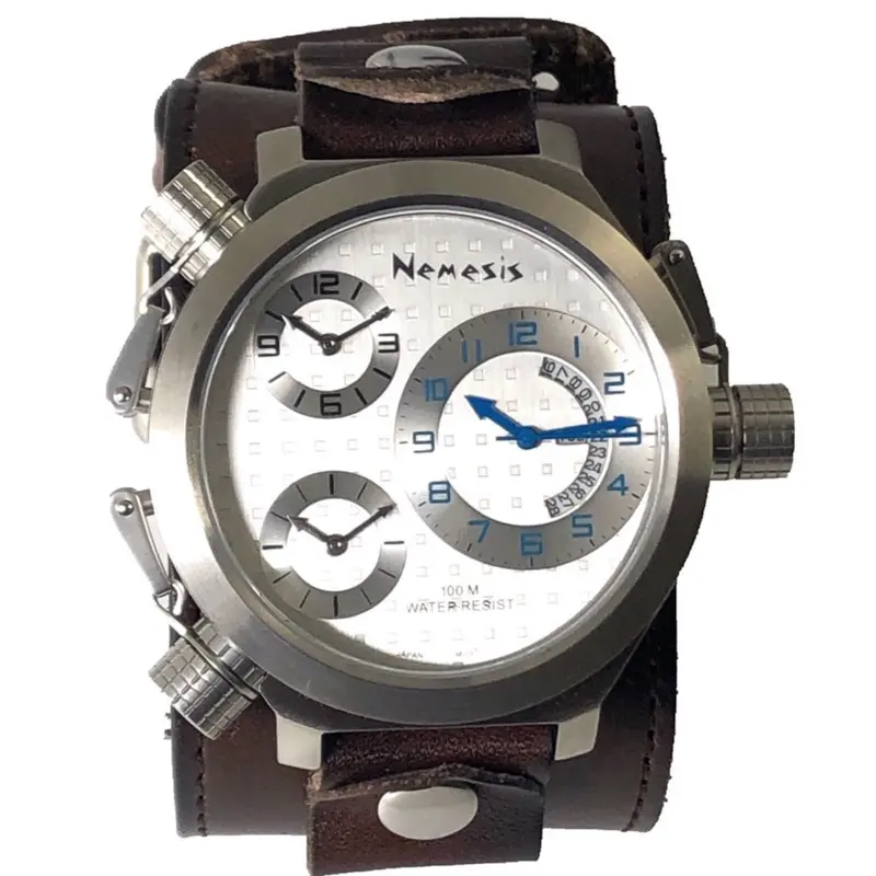 Silver/Blue 3-Zone Stainless Steel Watch With Dark Brown Xl Stitched Leather Cuff – Model Dblbb080Sl 1