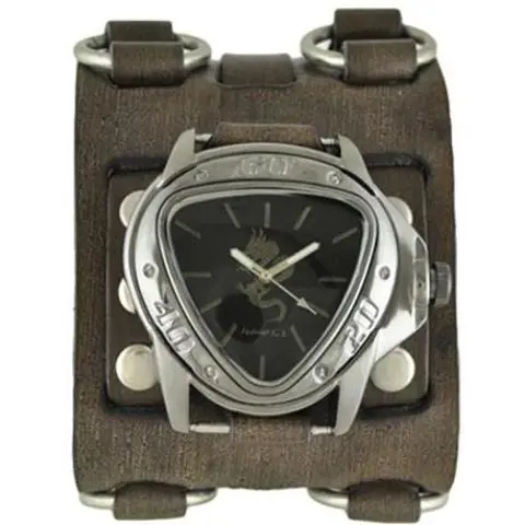 Silver Dragon Gunmetal Watch With Double-Ring Distressed Brown Leather Triple-Strap Cuff 1