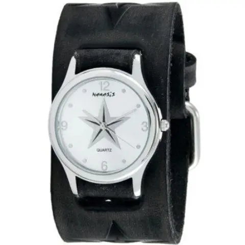 Silver Punk Rock–Style Watch With Faded Black Embossed Leather Cuff 355Fst-S 1