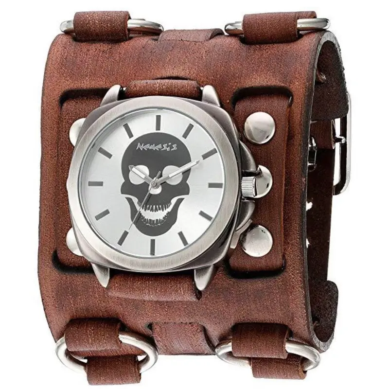 Silver Skull Head Watch With Bullet Ring & Triple-Strap Distressed Brown Leather Cuff 1