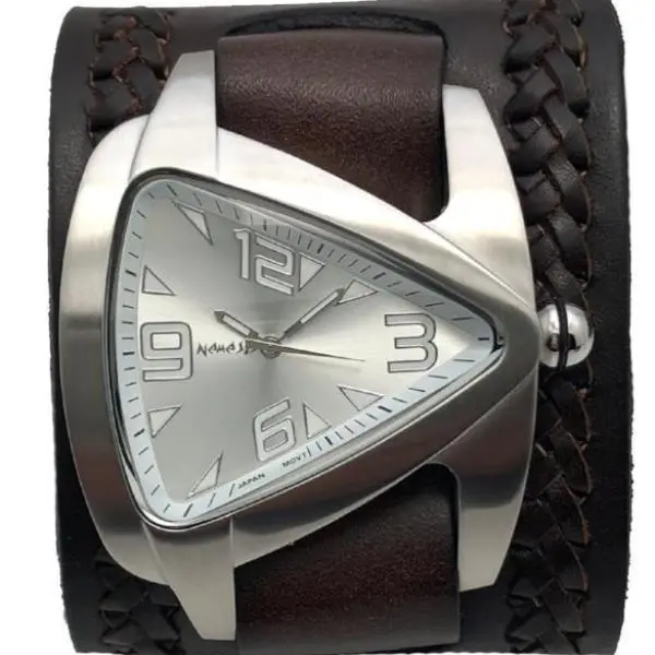 Silver Teardrop Watch With Woven Black Wide Leather Cuff 1