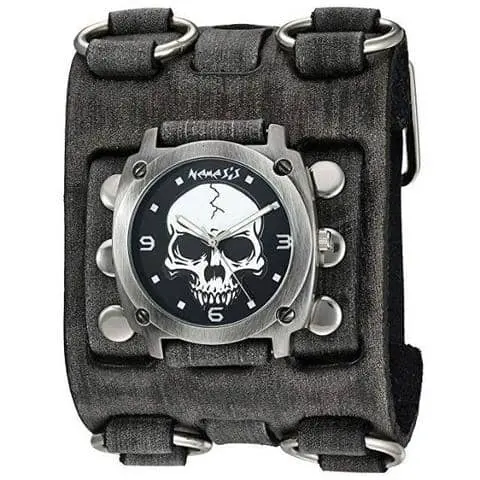 Skull Accent Black Watch With Ring-Adorned Distressed Black Leather Triple Strap Cuff 1
